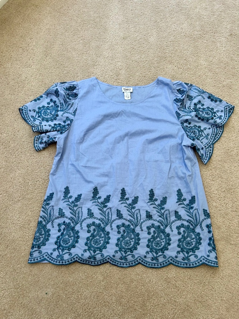 Monroe & Main 100% Cotton Embroidered Blue Blouse Sz XL